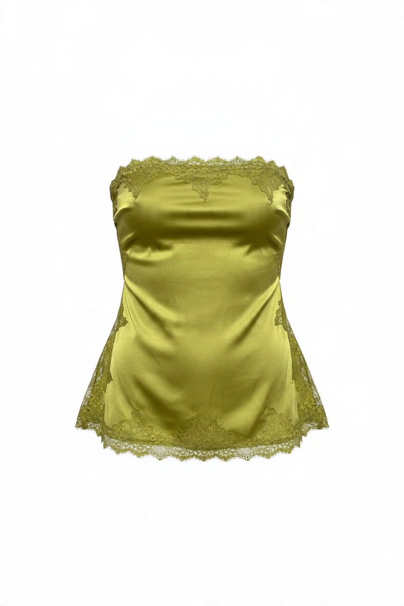 Trestles Clothing Company olive green satin strapless tube top with delicate lace trim and side slits.